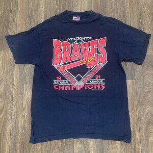 VTG Atlanta Braves Shirt Men's Large Blue 1991 NL Champs Trench USA Baseball Tee